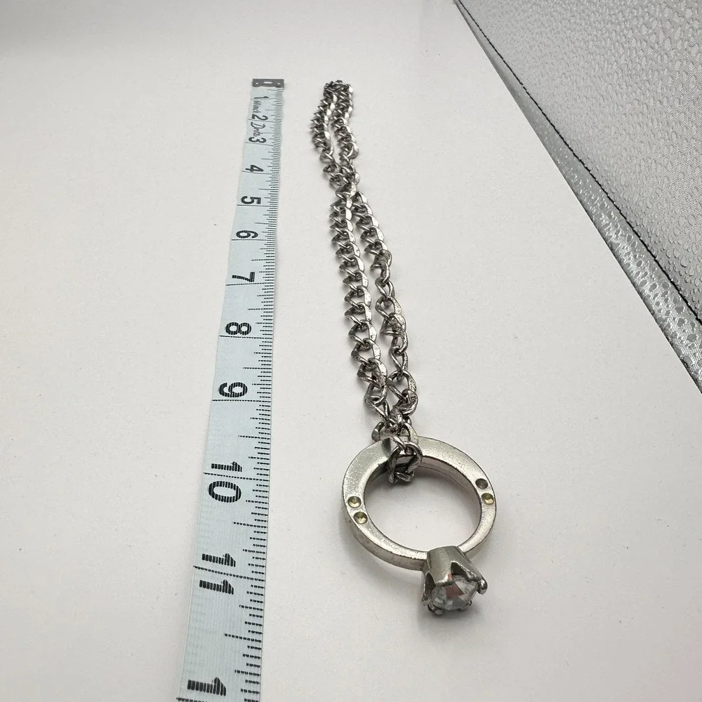 Vintage 90s Clear Rhinestone Ring Pendant Necklace‎ Silver Tone Curb Chain